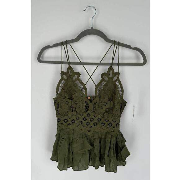 Free People Adella Cami Olive Green Lace Ruffled Tank Top Womens Small New - Picture 4 of 9